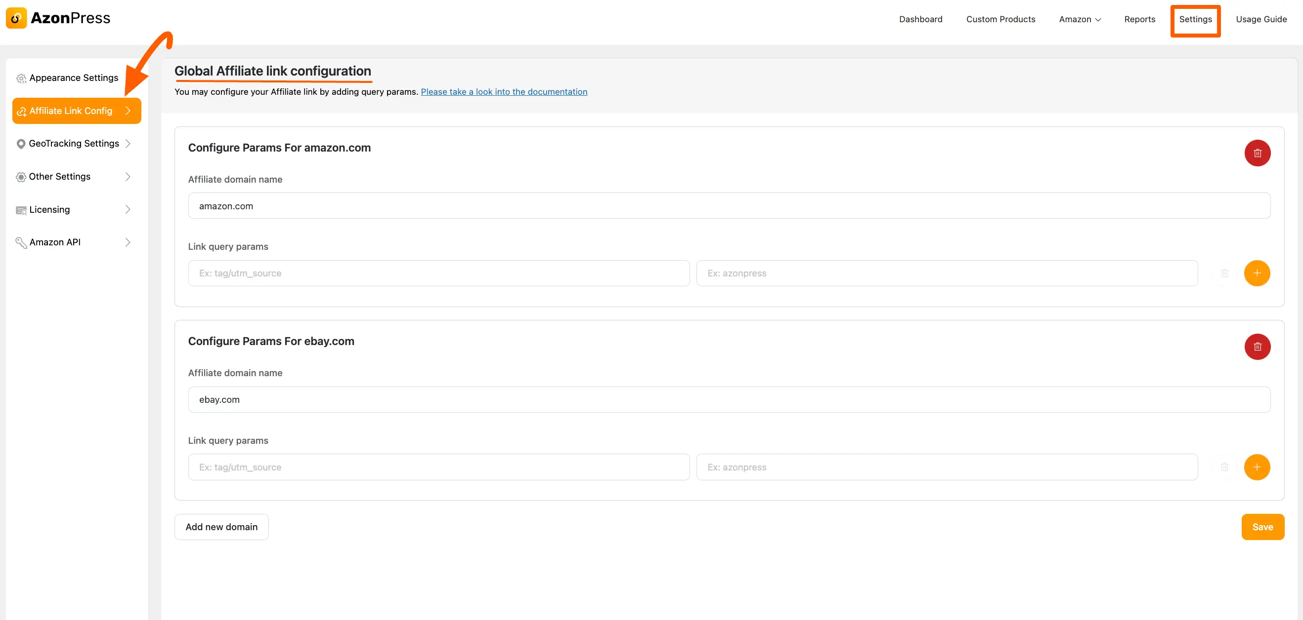 Affiliate Link Config Settings of AzonPress