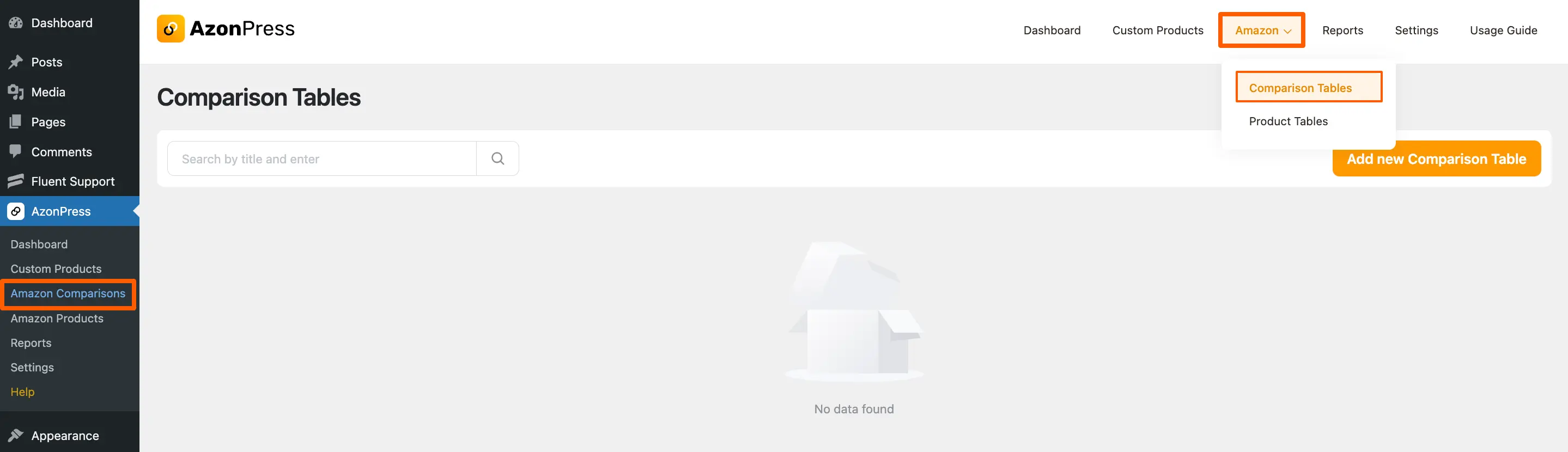 Amazon Comparisons Table option from AzonPress Dashboard