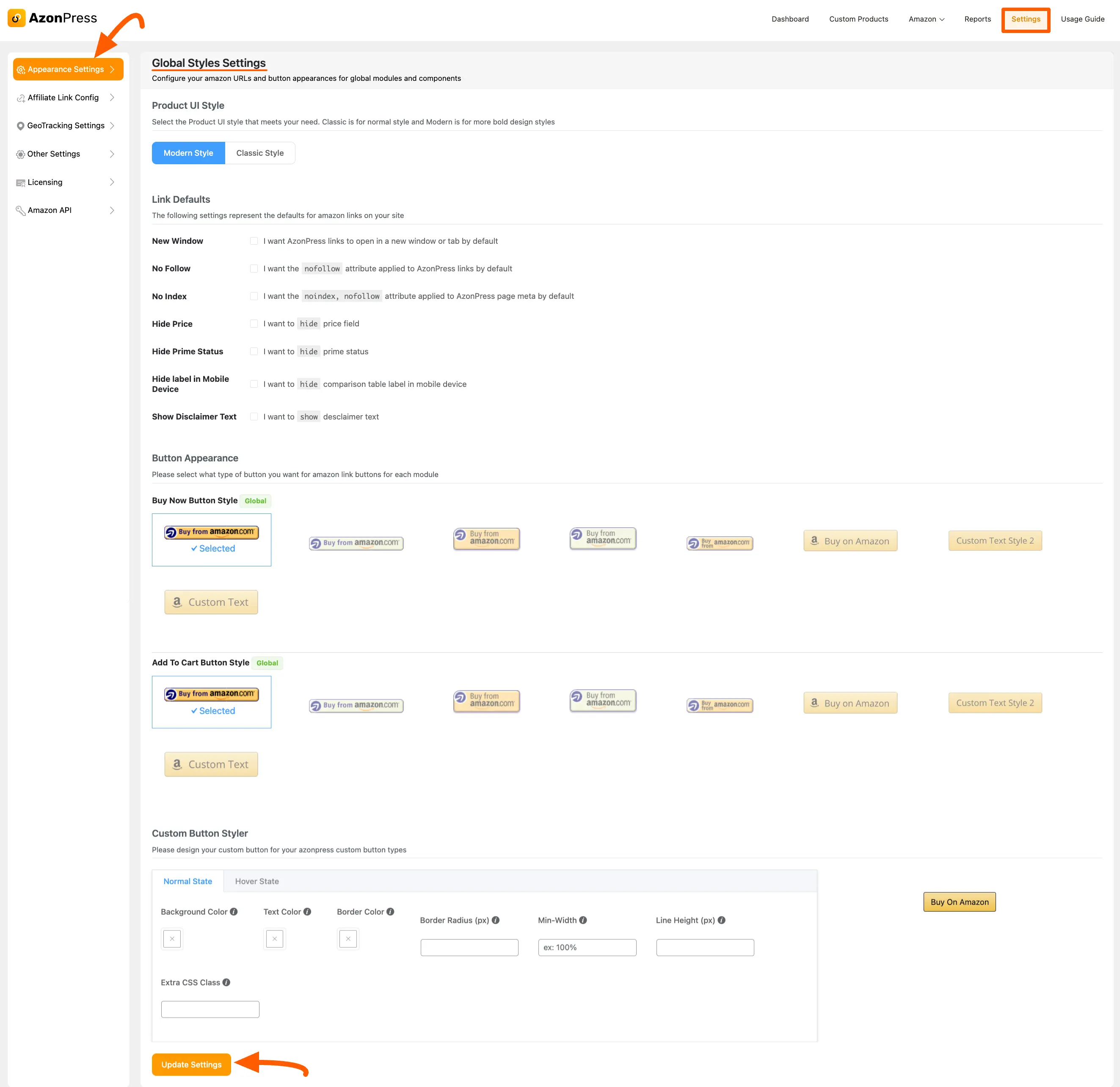 Appearance Settings under Settings in AzonPress dashboard