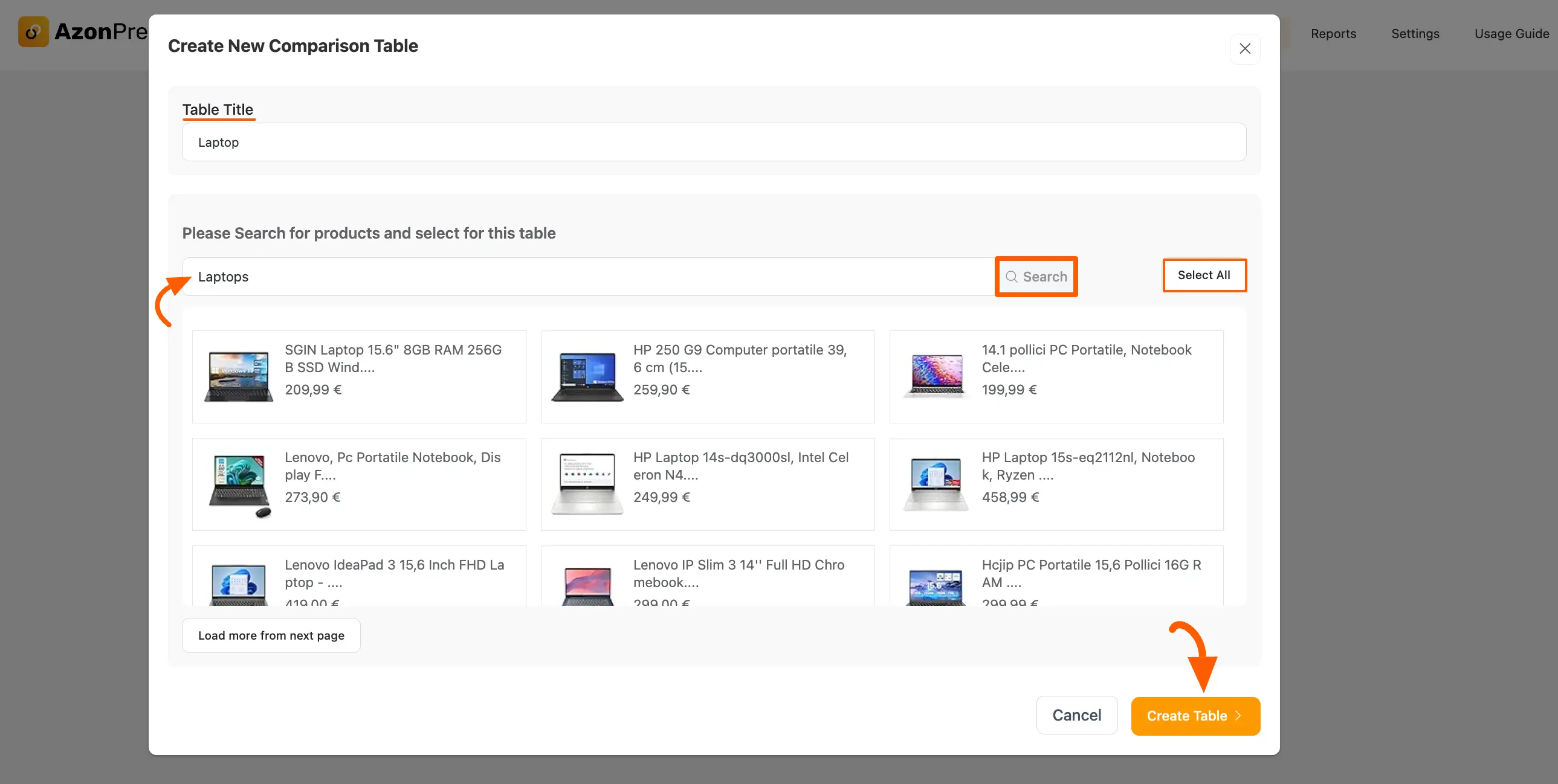 Create new comparison table Pop-up Page