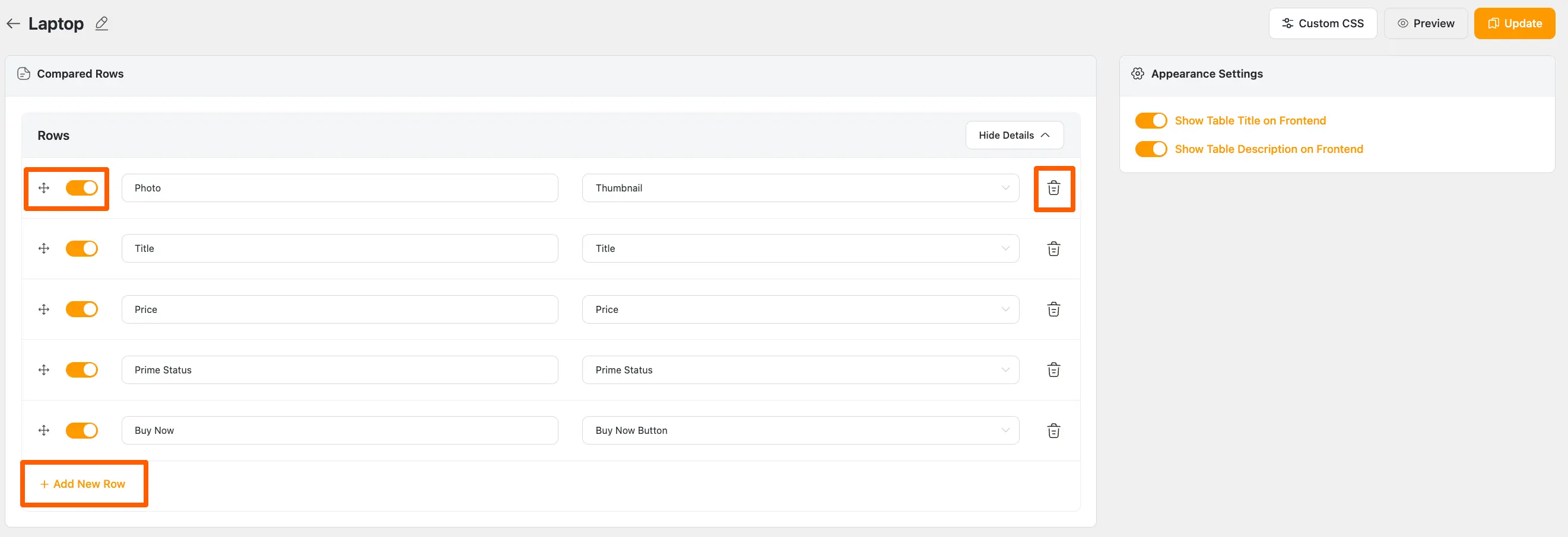 Drag Drop Add new row and Delete buttons
