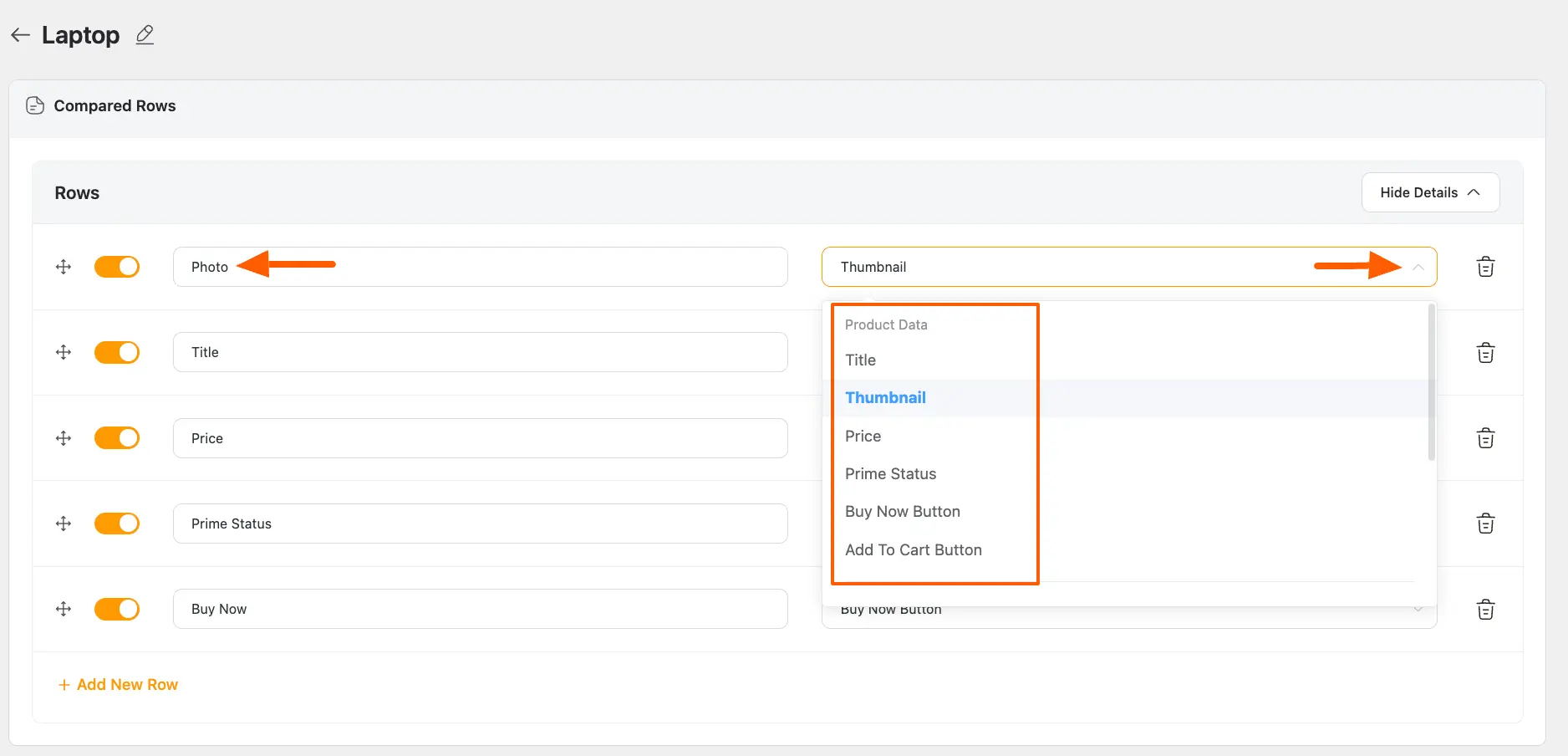 Dropdown list of each row