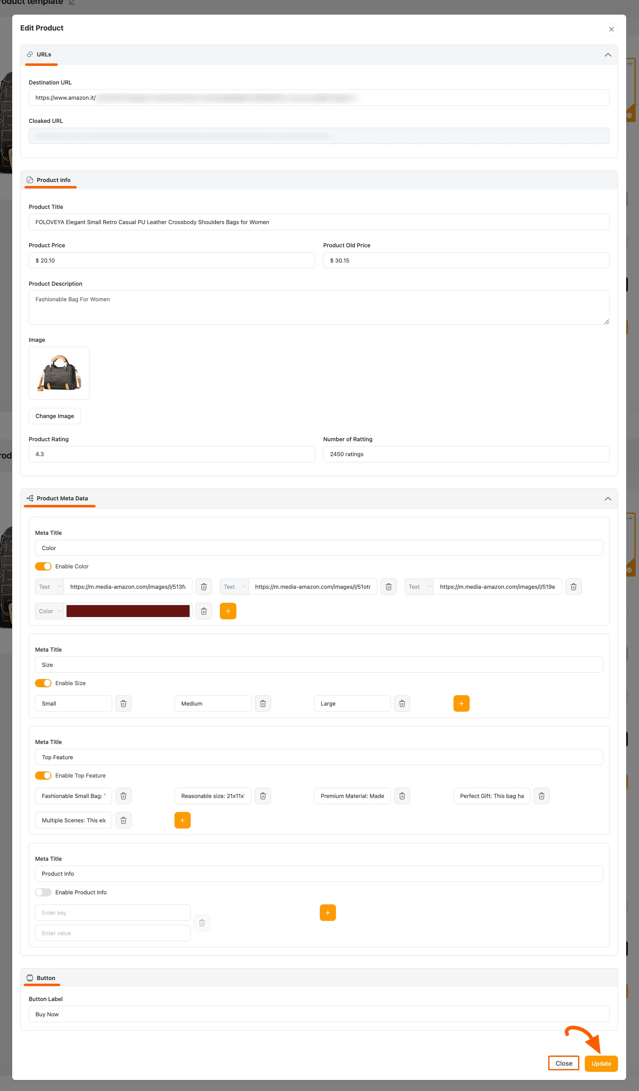 Edit Product Popup page