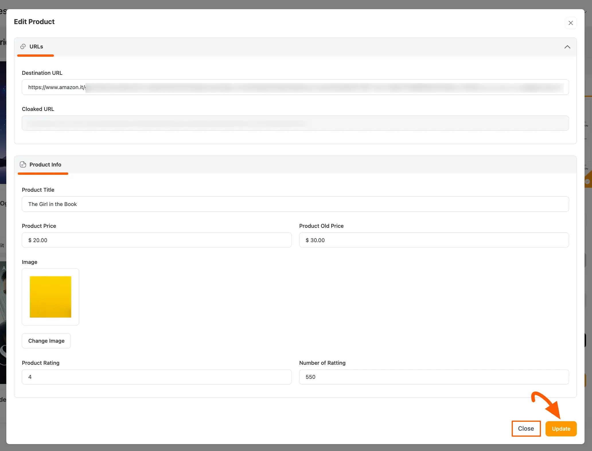 Edit Product popup page