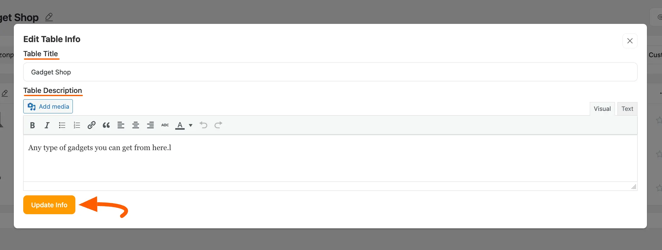 Edit table Info popup page