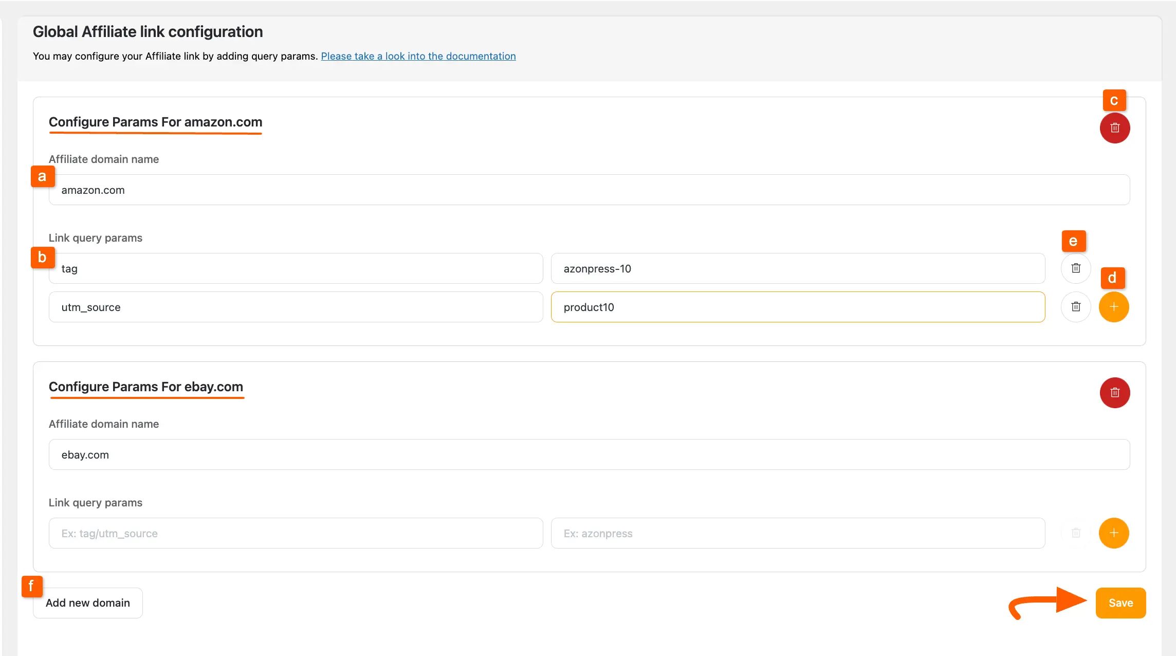 Global Affiliate Link Configuration page