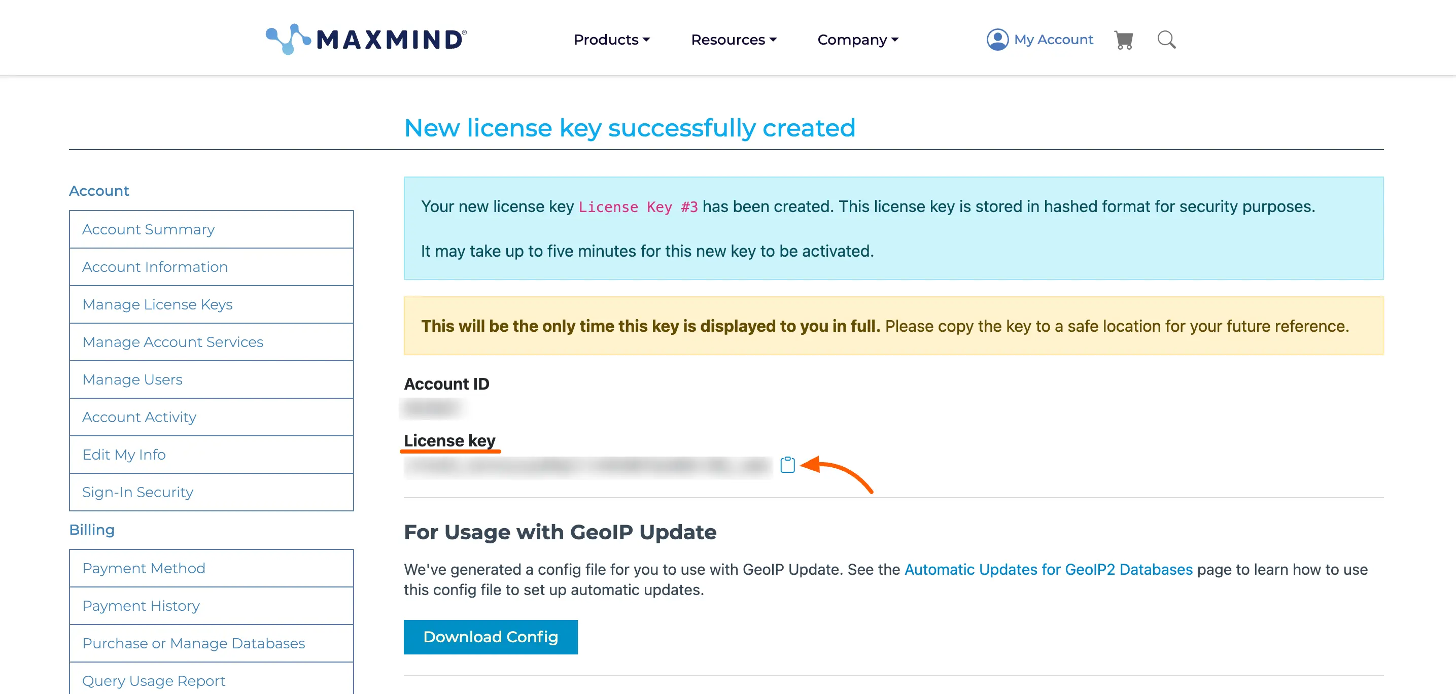 New license key successfully created in MaxMind
