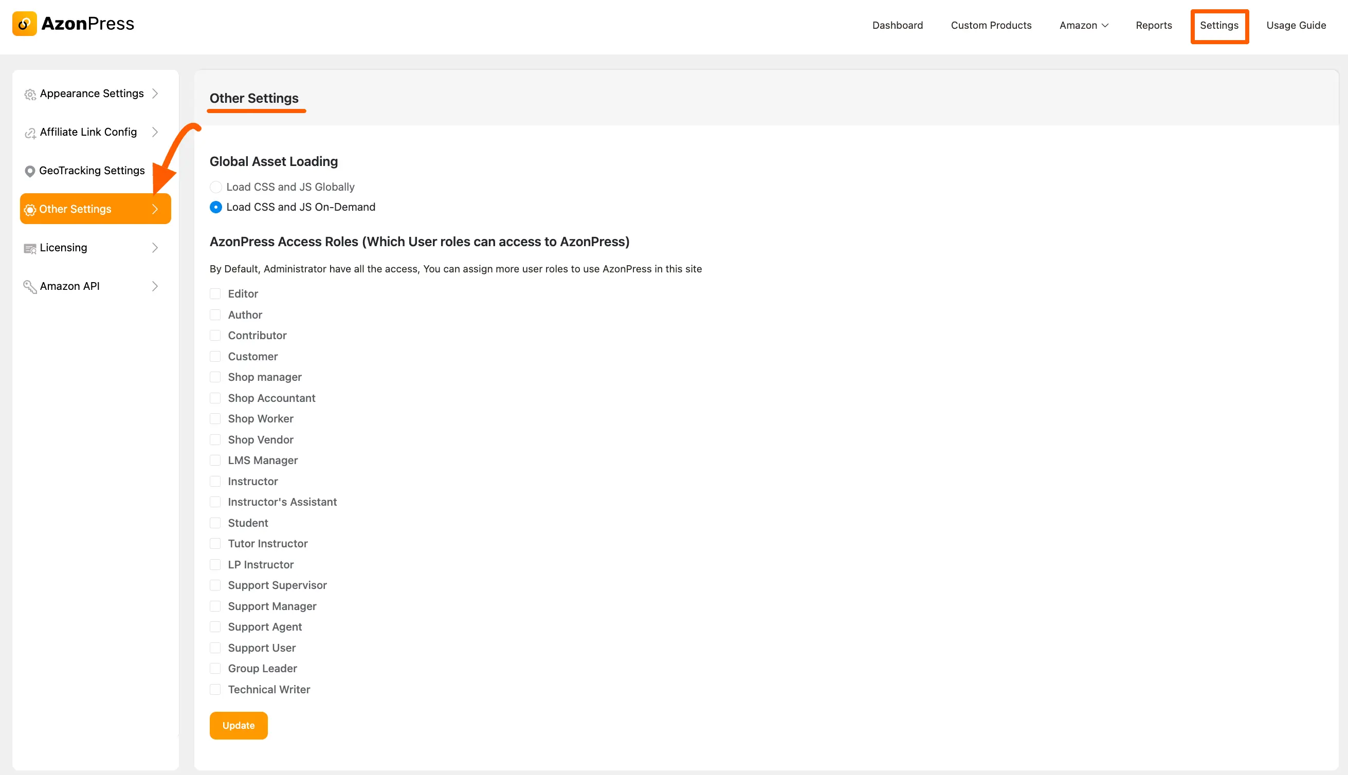 Other Settings option from AzonPress dashboard