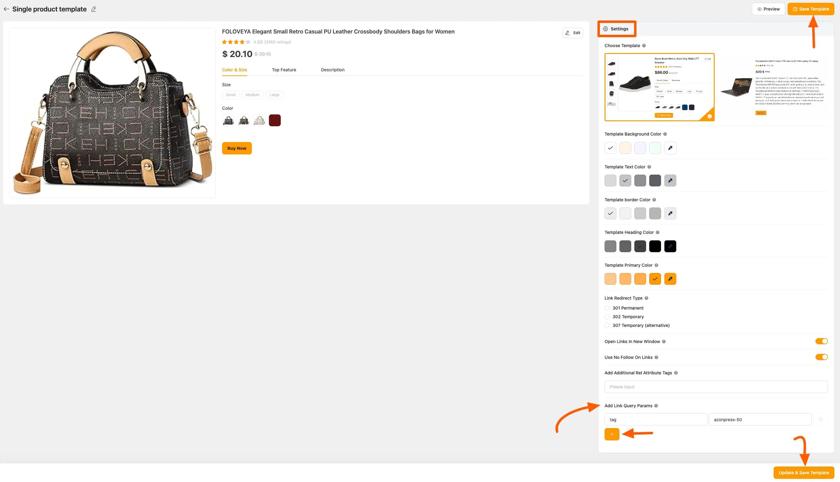 Settings of a specific custom product